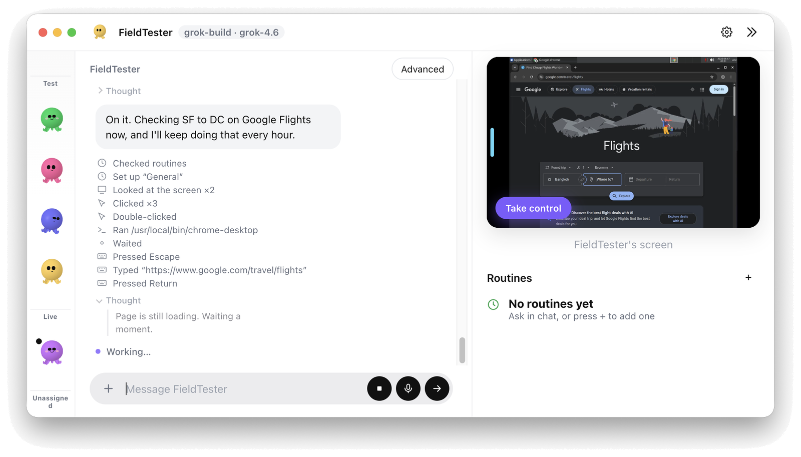 Sub8 with FieldTester chatting, a live desktop on Google Flights, and a rail of bots.